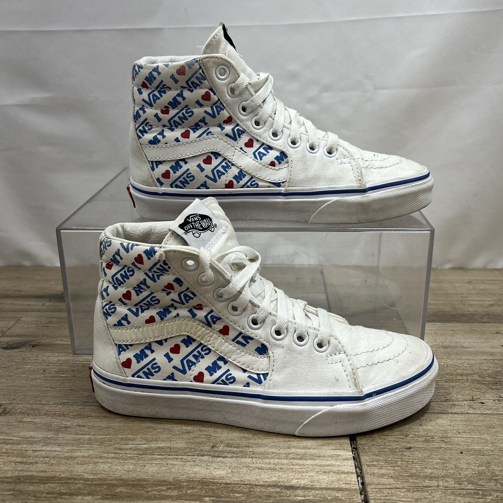Vans Sk8-Hi High Top Sneakers White I Heart‎ My Vans Canvas Shoes Womens 6.5